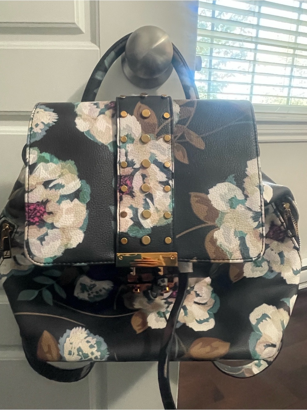 Floral Black Stud-Accent Women's Backpack